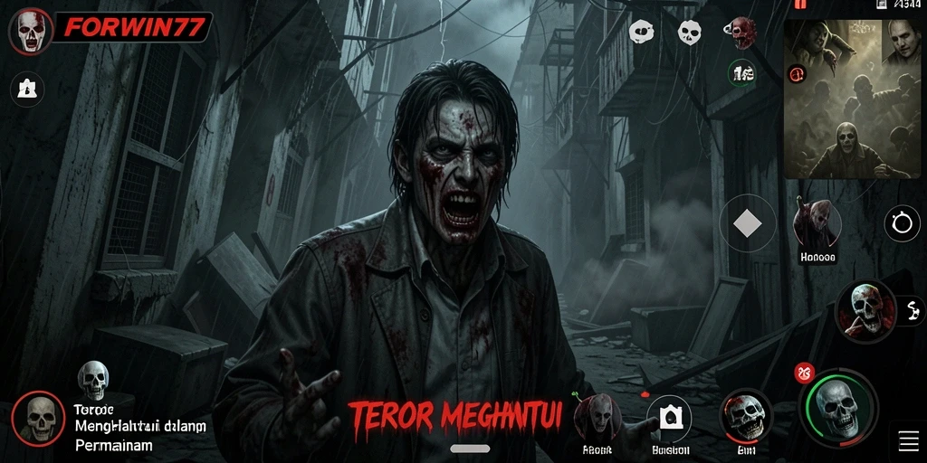 Tangkapan layar gameplay FORWIN77 menunjukkan suasana mencekam dan penuh misteri.
