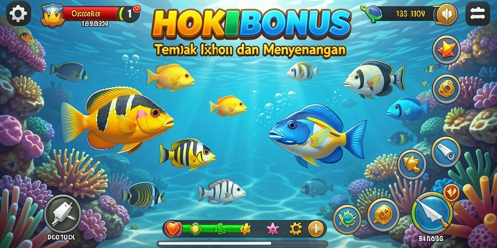 Tampilan utama gameplay HOKIBONUS dengan aksi menembak ikan.
