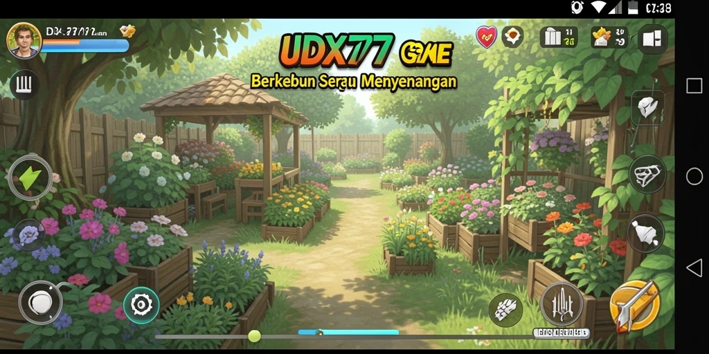 Screenshot gameplay dari IDX777, menampilkan ladang yang subur dan tanaman yang beragam.