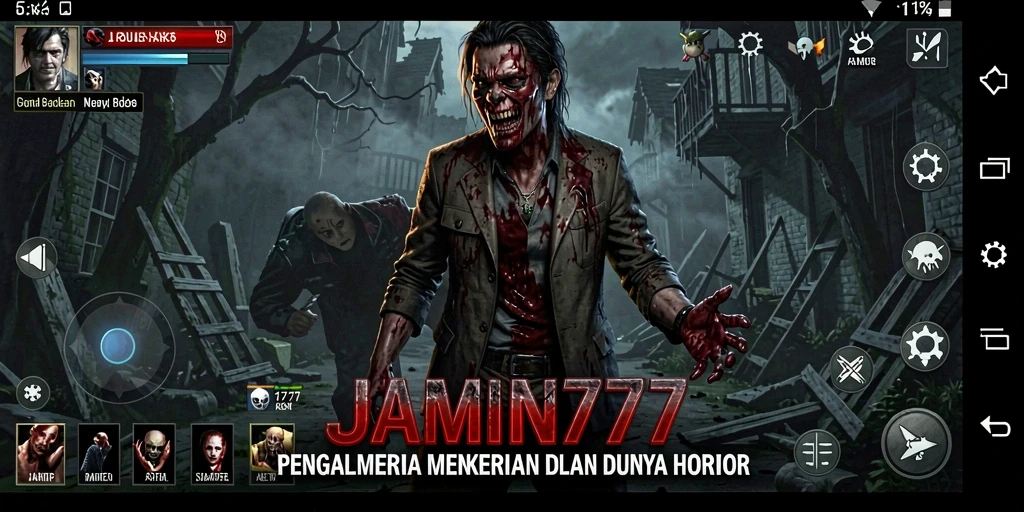 Tampilkan gameplay menakutkan dari JAMIN777, dengan suasana yang mencekam.