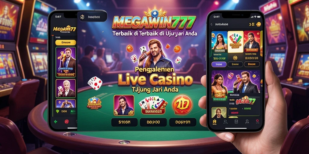 Screenshot gameplay menunjukkan dealer langsung dan suasana permainan kasino yang seru.