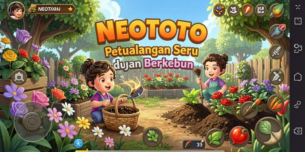 Tampilan gameplay NEOTOTO yang penuh warna dan menarik saat berkebun.