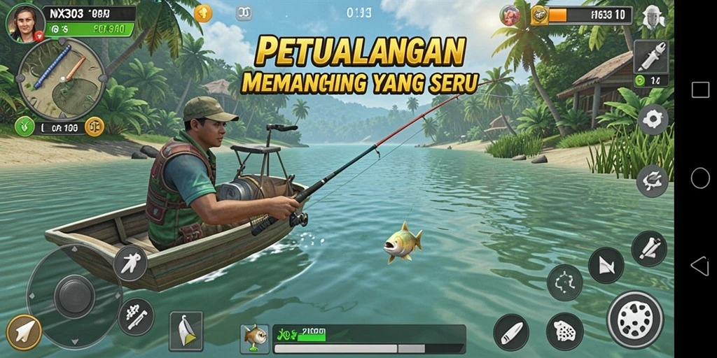 Tampilan gameplay NX303 yang menampilkan aksi memancing seru di berbagai lokasi.