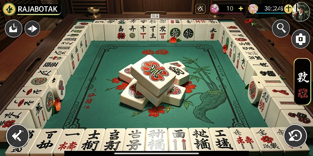 Tampilan seru gameplay RAJABOTAK dengan ubin Mahjong yang menarik.